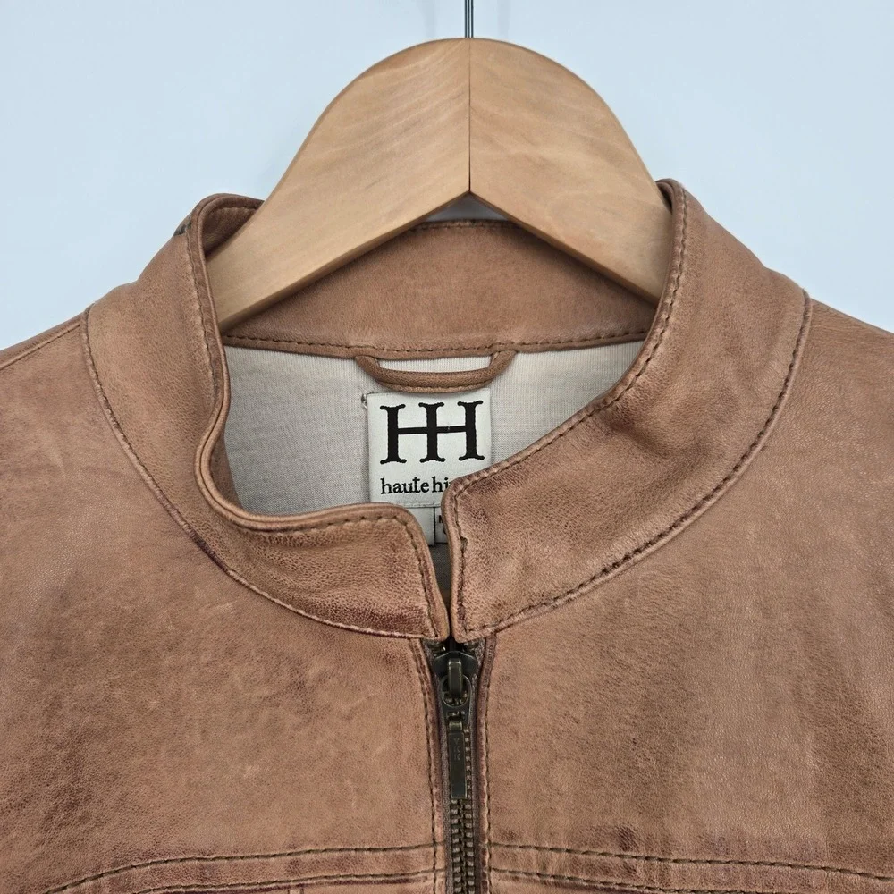 Haute Hippie Real Lambskin Leather Jacket Brown Pleated Biker Chic Boho Womens S - Picture 6 of 12